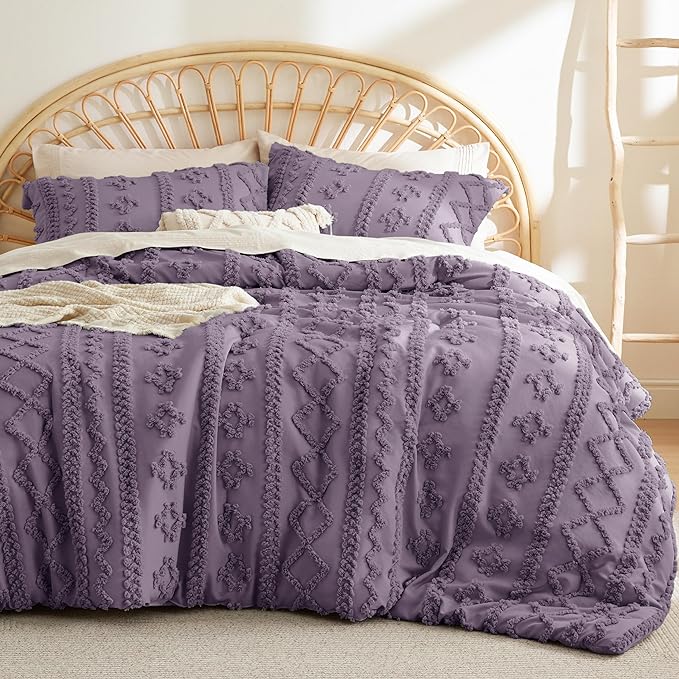Bedsure Tufted Boho Comforter Set Queen - Grayish Purple Boho Bedding Comforter Set, 3 Pieces Farmhouse Shabby Chic Embroidery Bed Set, Soft Jacquard Comforter for All Seasons - LeafyLoom