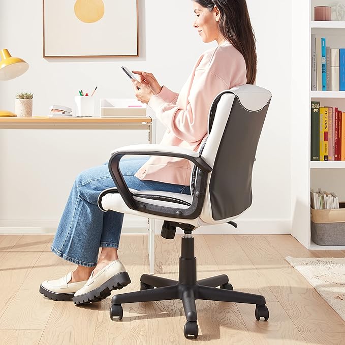 Amazon Basics Office Computer Task Desk Chair with Padded Armrests, Mid-Back, Adjustable, 360 Swivel, Rolling, 275 Pound Capacity, 24.2"D x 24"W x 38.6"H, BIFMA Certified, White Faux Leather - LeafyLoom