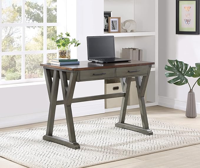 OSP Home Furnishings Jericho Rustic 42 Inch Writing Desk with 2 Drawers and Burnished Decorative Hardware, Slate Gray - LeafyLoom