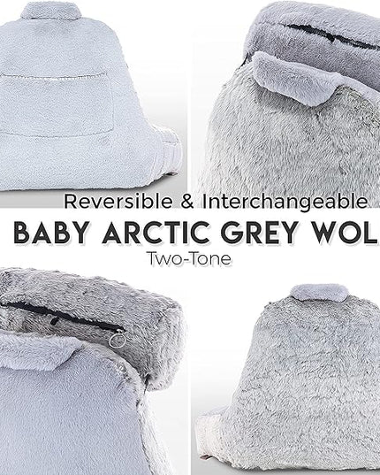 XXL Husband Pillow Cover Only - Rare Baby Arctic Grey Wolf Fur Backrest Pillowcase Set, Two-Tone Reversible Double Sided Fabulous Faux Fur Reading & Bed Rest, Thick Zippers, 2 Sided Solid Neck Rolls - LeafyLoom