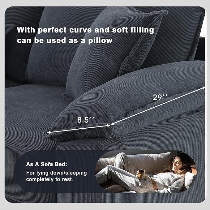 133" Corduroy 6 Seat Freely Combinable Sofa with Armrest Bags,U Shaped Indoor Solid Wood Sectional Couch w/Pillows,for Living Room,Bedroom,Apartment,Office,Lounges,Grey - LeafyLoom