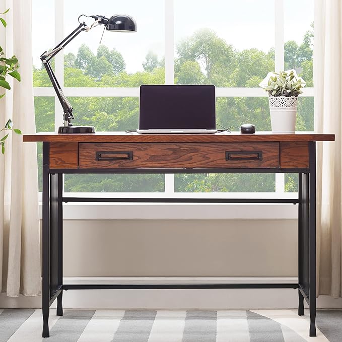 Leick Home 11200 Ironcraft Rustic Writing/Computer Desk with Drop Front Keyboard Drawer, Mission Oak and Black, 22x 46x 30, Brownbronze - LeafyLoom