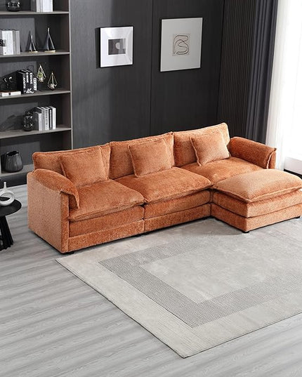5 Seater L Shaped Convertible Modular Sectional Sofa with Reversible Chaise, Minimalist Oversized Sleeper Corner Couch,Chenille Upholstered Leisure Sofá for Living Room Office, Orange 112.2" - LeafyLoom