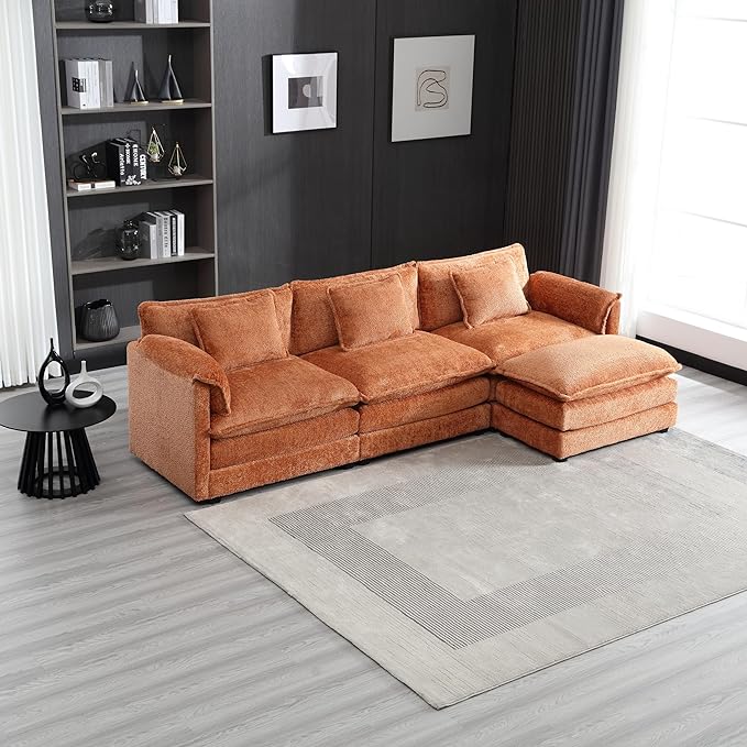 5 Seater L Shaped Convertible Modular Sectional Sofa with Reversible Chaise, Minimalist Oversized Sleeper Corner Couch,Chenille Upholstered Leisure Sofá for Living Room Office, Orange 112.2" - LeafyLoom