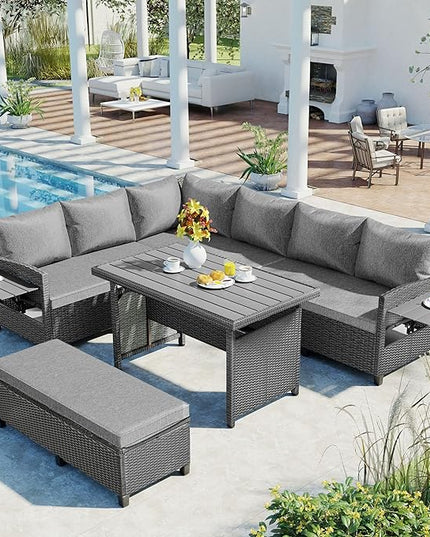 5 Piece Outdoor Furniture Patio Conversation with Dining Table&Bench, Sectional PE Wicker L-Shaped Sofa w/2 Extendable SideTable&Cushions&Washable Covers, Garden Rattan Couch, Gray - LeafyLoom