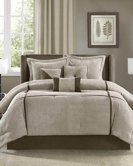 Madison Park Cozy Comforter Set Casual Blocks Design All Season, Matching Bed Skirt, Decorative Pillows, Queen(90"x90"), Dallas Corduroy, Taupe Brown, 7 Piece - LeafyLoom
