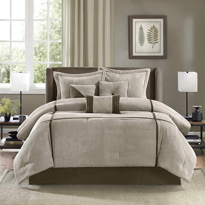 Madison Park Cozy Comforter Set Casual Blocks Design All Season, Matching Bed Skirt, Decorative Pillows, Queen(90"x90"), Dallas Corduroy, Taupe Brown, 7 Piece - LeafyLoom