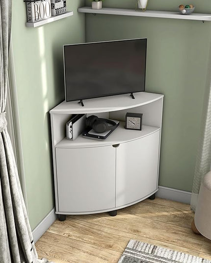 Berg Modern 31-inch 16 Colors LED Corner Cabinet with Doors and 2 Shelves, USB Charge Cord, Small TV Stand for Living Room, Home Office, White Pure - LeafyLoom