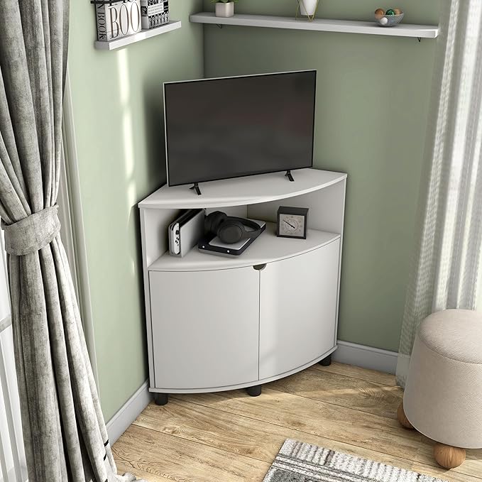 Berg Modern 31-inch 16 Colors LED Corner Cabinet with Doors and 2 Shelves, USB Charge Cord, Small TV Stand for Living Room, Home Office, White Pure - LeafyLoom