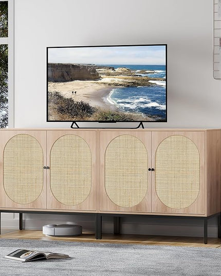 Brafab Set of 2 Rattan Cabinet Buffet Cabinet, Sideboard Cabinet with Natural Rattan Decorated Doors, Accent Cabinet, for Living Room, Entryway, Bedroom, Dining Room/Oval Doors Natural - LeafyLoom