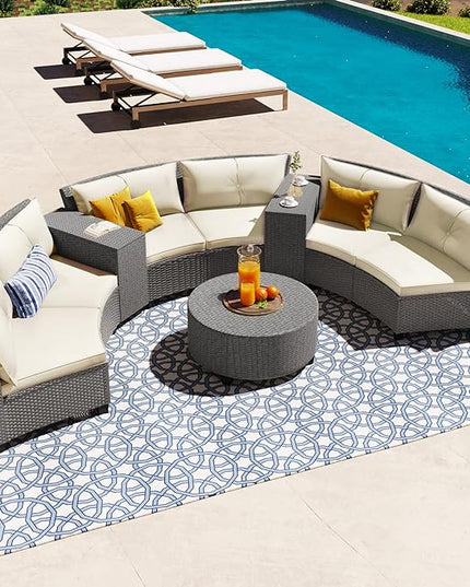 Outdoor 9 Pieces Patio Furniture Half Moon Wicker Sofa Sets, Fan-Shaped Curved Sectional Couch with Coffee Table&Beige Cushions, 1, Gray Rattan - LeafyLoom