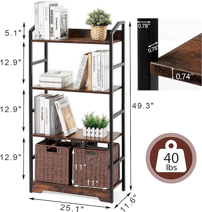 Vagusicc 4 Tier Bookshelf with 2 Storage Baskets, Tall Bookcase Shelf Storage Organizer Wood Book Shelf, Modern Shelf Rack Shelves with Steel Frame, Multipurpose Bookshelf for Bedroom Living Room - LeafyLoom