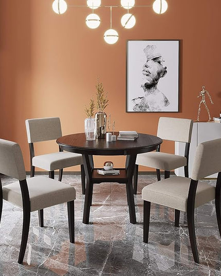 Contemporary Style Kitchen Round with Extra Bottom Shelf, 4 Large Thick Upholstered Chairs Seats, Scientific Backrest Design, Room, 5 Piece Dining Table Set, Espresso 21 - LeafyLoom