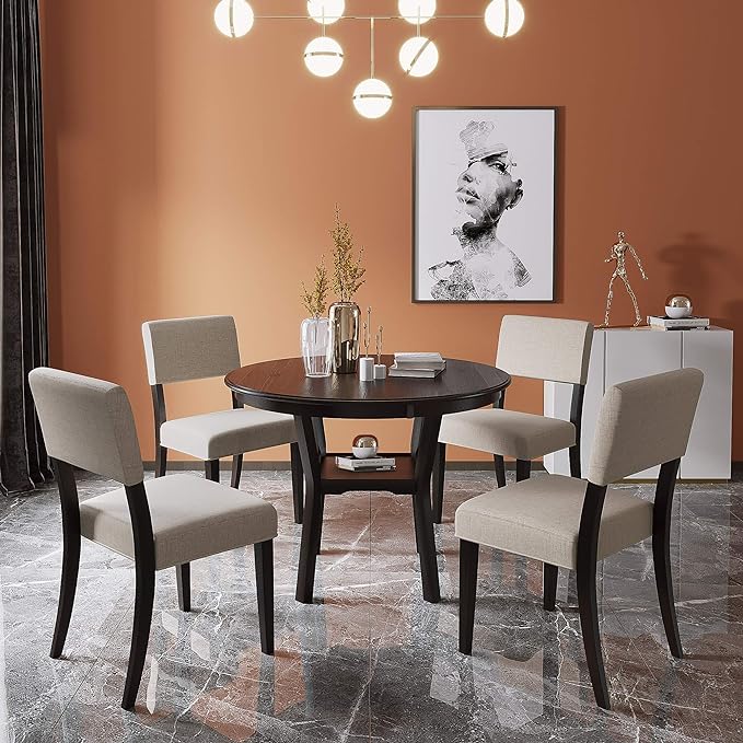 Contemporary Style Kitchen Round with Extra Bottom Shelf, 4 Large Thick Upholstered Chairs Seats, Scientific Backrest Design, Room, 5 Piece Dining Table Set, Espresso 21 - LeafyLoom