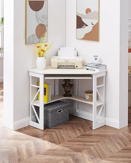 VECELO Corner Computer Desk 41 x 30 inches with Smooth Keyboard & Storage Shelves for Home Office Workstation, White - LeafyLoom