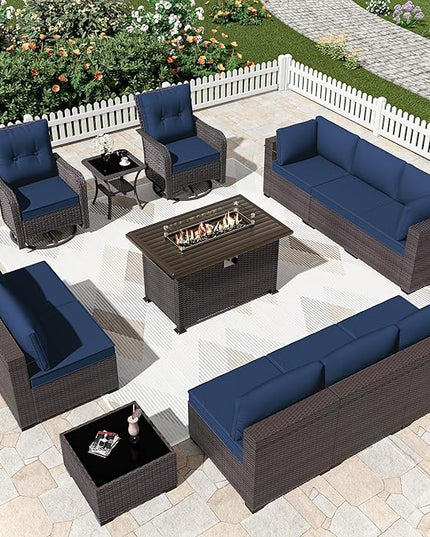 Patio Furniture Sectional Sofa Set 13PCS PE Rattan Swivel Rocking Chairs Patio Conversation Set w/43in Gas Fire Pit Table, Outdoor Furniture with 55000 BTU Propane Fire Pit, Navy Blue - LeafyLoom