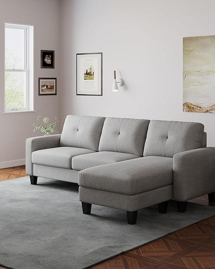 L Shaped Convertible Sectional Sofa, 3 Seater Linen Fabric Corner Couch with Reversible Chaise Movable Ottoman, Button Tufted Sofa&Couches for Small Apartments, Living Rooms and Offices - LeafyLoom