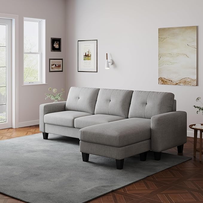 L Shaped Convertible Sectional Sofa, 3 Seater Linen Fabric Corner Couch with Reversible Chaise Movable Ottoman, Button Tufted Sofa&Couches for Small Apartments, Living Rooms and Offices - LeafyLoom