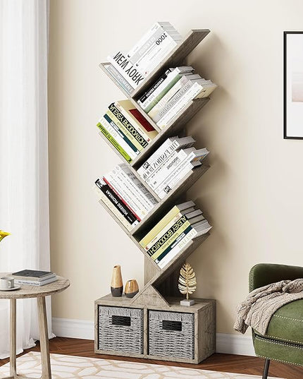 Vagusicc 6 Tier Tree Bookshelf - Retro Shelf Floor Standing Bookcase with Baskets, Tall Wood Book Storage Rack for Books/CDs, Tree Utility Book Organizer Shelves for Living Room, Home Office, Bedroom - LeafyLoom