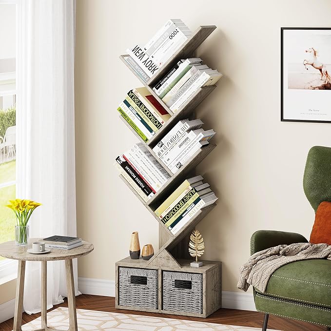 Vagusicc 6 Tier Tree Bookshelf - Retro Shelf Floor Standing Bookcase with Baskets, Tall Wood Book Storage Rack for Books/CDs, Tree Utility Book Organizer Shelves for Living Room, Home Office, Bedroom - LeafyLoom
