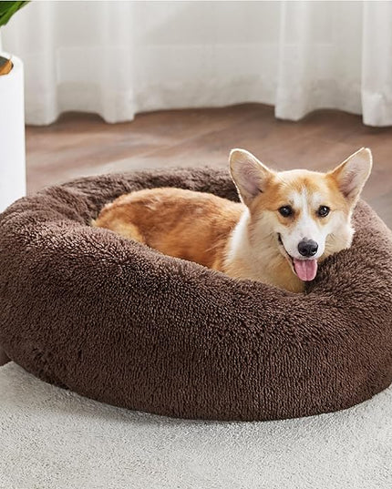 Bedsure Calming Dog Bed for Medium Dogs - Donut Washable Medium Pet Bed, 30 inches Anti-Slip Round Fluffy Plush Faux Fur Cat Bed, Fits up to 45 lbs Pets, Coffee BEDSURE