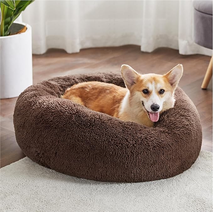 Bedsure Calming Dog Bed for Medium Dogs - Donut Washable Medium Pet Bed, 30 inches Anti-Slip Round Fluffy Plush Faux Fur Cat Bed, Fits up to 45 lbs Pets, Coffee BEDSURE
