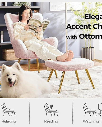 Yaheetech Accent Chair with Ottoman, Boucle Fabric Armchair Footstool, Modern and Cozy Vanity Chair with Golden Legs for Living Room, Lounge, Makeup Room, Bedroom, Pink - LeafyLoom