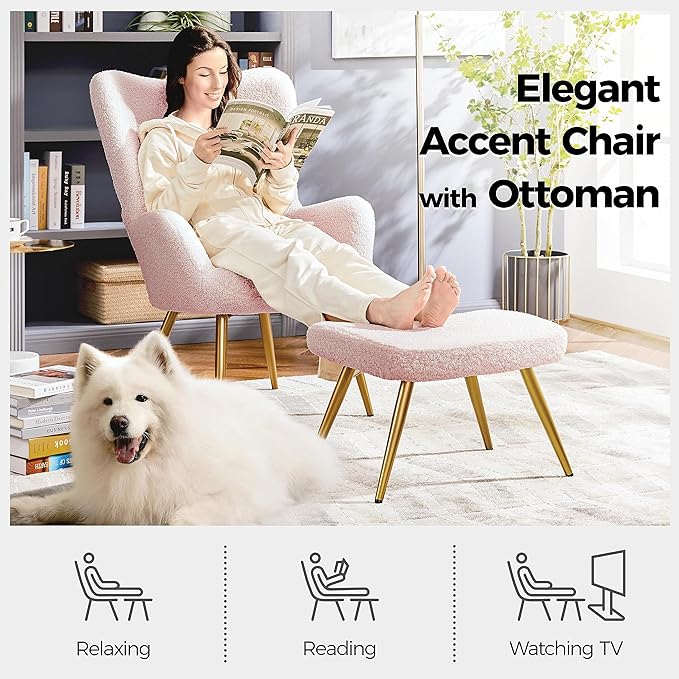 Yaheetech Accent Chair with Ottoman, Boucle Fabric Armchair Footstool, Modern and Cozy Vanity Chair with Golden Legs for Living Room, Lounge, Makeup Room, Bedroom, Pink - LeafyLoom
