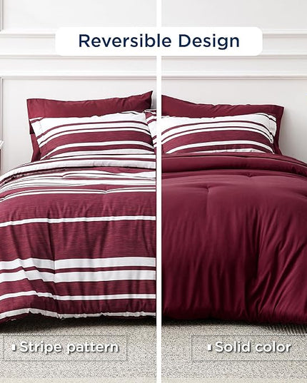 Bedsure Bed in a Bag King Size 7-Piece Burgundy White Striped Bedding Comforter Sets All Season Bed Set, 2 Pillow Shams, Flat Sheet, Fitted Sheet and 2 Pillowcases - LeafyLoom