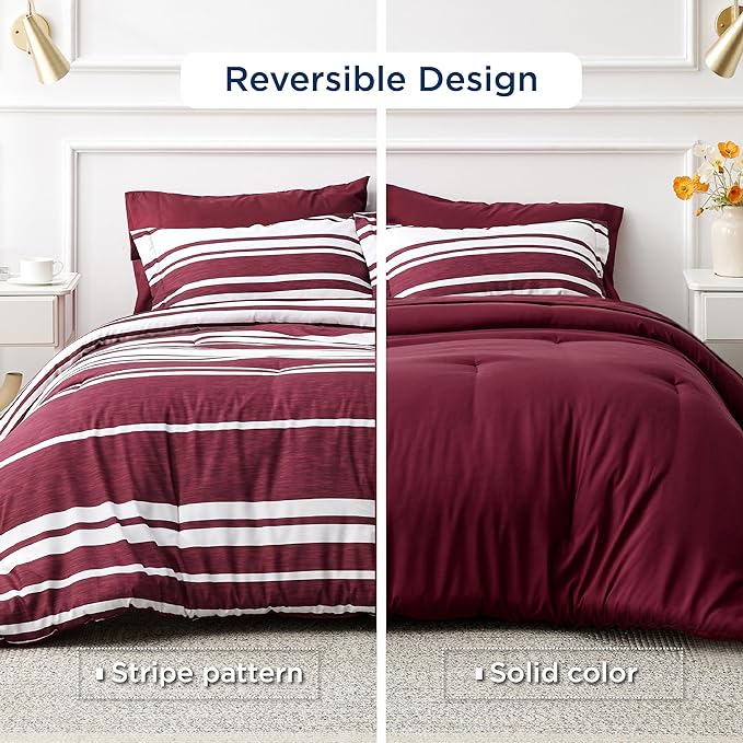 Bedsure Bed in a Bag King Size 7-Piece Burgundy White Striped Bedding Comforter Sets All Season Bed Set, 2 Pillow Shams, Flat Sheet, Fitted Sheet and 2 Pillowcases - LeafyLoom