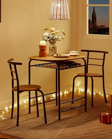 VECELO 3 Piece Small Round Dining Table Set for Kitchen Breakfast Nook, Wood Grain Tabletop with Wine Storage Rack, Save Space, 31.5", Antique & Black - LeafyLoom