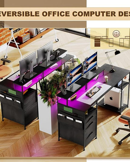 Computer Desk with 3 File Cabinet Drawers, 57.8'' Reversible Gaming Desk with LED Lights and Power Outlets, Office Desk with Storage Shelves and Dual Monitor Stand for Home & Office (Black) - LeafyLoom