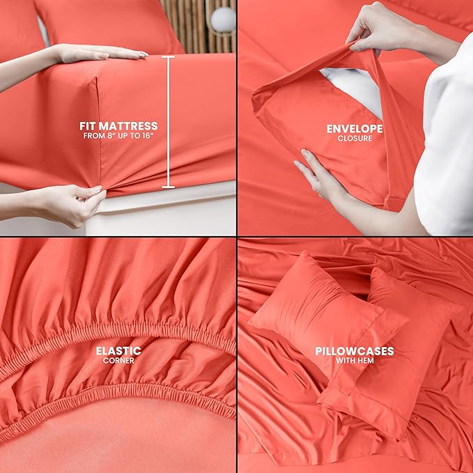 Utopia Bedding King Bed Sheets Set - 4 Piece Bedding - Brushed Microfiber - Shrinkage and Fade Resistant - Easy Care (King, Coral) - LeafyLoom