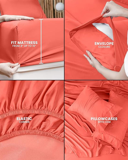 Utopia Bedding Queen Bed Sheets Set - 4 Piece Bedding - Brushed Microfiber - Shrinkage and Fade Resistant - Easy Care (Queen, Coral) - LeafyLoom