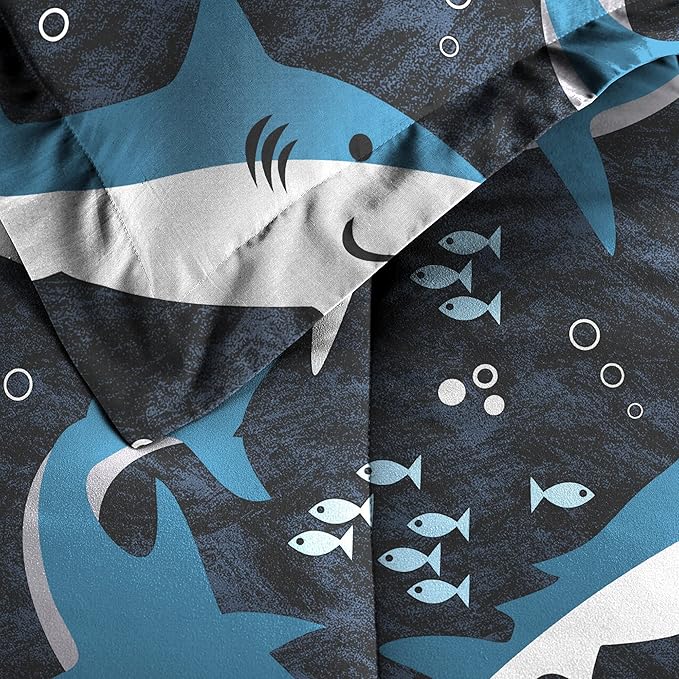 dream FACTORY Kids 7-Piece Complete Set Easy-Wash Super Soft Microfiber Comforter Bedding, Full, Blue Sharks - LeafyLoom