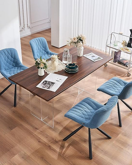 Mid Century Modern Dining Chairs Set of 2, Upholstered Dining Room Chairs with Sturdy Metal Legs, Boucle Armless Accent Side Chairs for Kitchen, Living Room, Lake Blue - LeafyLoom