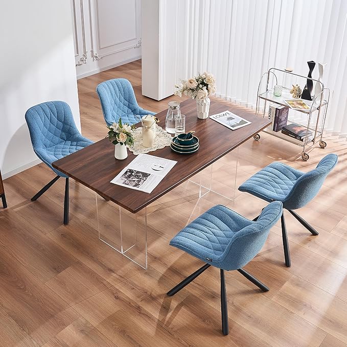 Mid Century Modern Dining Chairs Set of 2, Upholstered Dining Room Chairs with Sturdy Metal Legs, Boucle Armless Accent Side Chairs for Kitchen, Living Room, Lake Blue - LeafyLoom