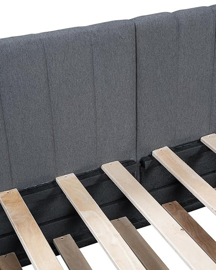 Twin Size Upholstered Linen Daybed with 2 Trundle,Semi-Closed Design,Solid Wood Bed Frame,W/Backrest and Slat Support,No Box Spring Needed,for Apartment Bedroom,Gray - LeafyLoom