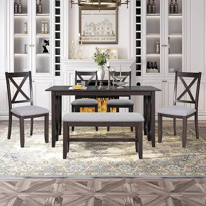 Kitchen 6-Piece Wooden Foldable Dining Table Set with Bench and 4 Padded Chairs, Space-Saving, Espresso - LeafyLoom