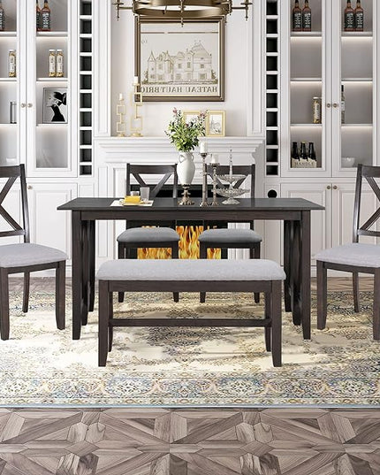 Comfortable Room 6-Piece Rustic Dining, Solid Wood Furniture Set with Foldable Table, 4 Padded Chairs, and 1 Bench, Ideal for Kitchen and Family Gatherings, Espresso - LeafyLoom