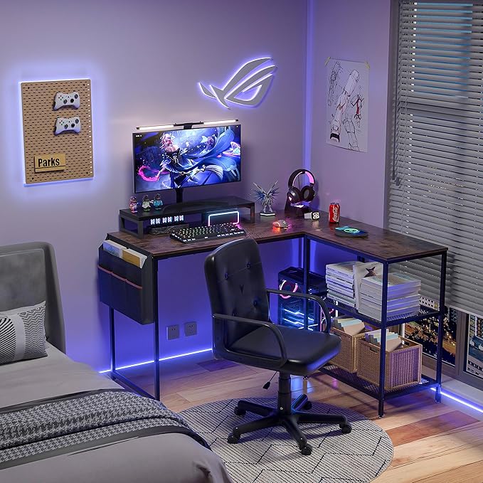 VECELO L Shaped Computer Gaming Corner Desk with Storage Bag and Shelf Home Office Table for Study Writing Room, Small Space Workstation, Easy to Assemble, Brown - LeafyLoom