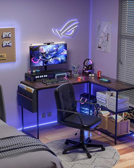 VECELO L Shaped Computer Gaming Corner Desk 47 Inch Study Writing Table, Home Office Workstation with Storage Shelves & Bag, Brown - LeafyLoom