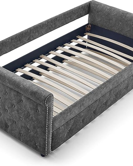Upholstered Twin Size Daybed with Twin Trundle, Solid Wooden Sofa Bed Frame w/Button Tufted and Copper Nail on Square Arms, No Spring Box Need，Grey - LeafyLoom