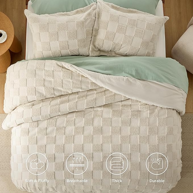 Bedsure King Size Comforter Set Beige, Boho Tufted Bedding Comforter Set, Checkered Farmhouse Shabby Chic Bed Set, 3 Pieces, 1 Plaid Geometric Comforter and 2 Pillow Shams - LeafyLoom