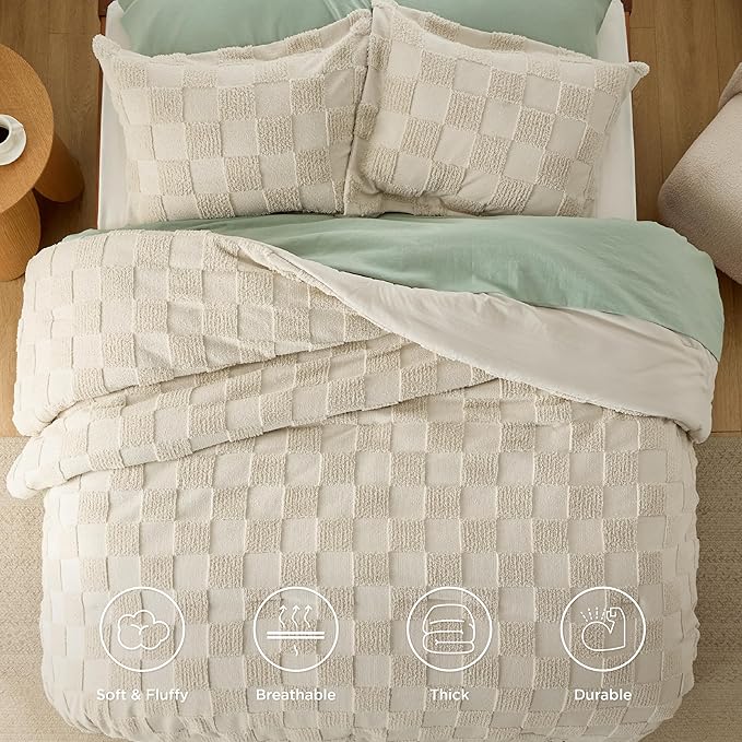Bedsure Queen Size Comforter Set Beige, Boho Tufted Bedding Comforter Set, Checkered Farmhouse Shabby Chic Bed Set, 3 Pieces, 1 Plaid Geometric Comforter and 2 Pillow Shams - LeafyLoom
