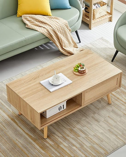 41.34" Morden Rattan Coffee table with Sliding Door for Storage, Modern Rectangular Solid Wood Coffee Table for Living Room - LeafyLoom