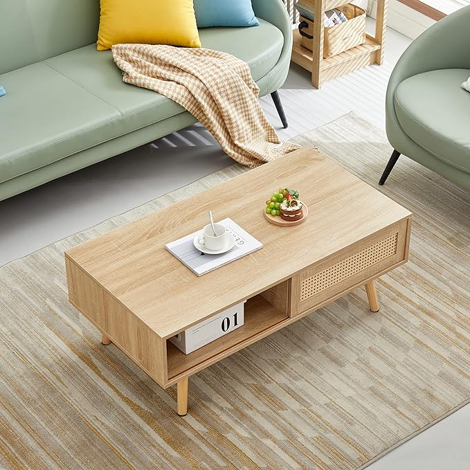 41.34" Morden Rattan Coffee table with Sliding Door for Storage, Modern Rectangular Solid Wood Coffee Table for Living Room - LeafyLoom