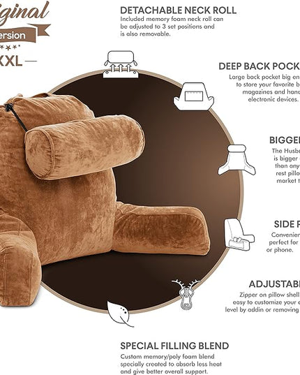 Husband Pillow XXL Tan Backrest with Arms - Adult Reading Pillow Shredded Memory Foam, Ultra-Comfy Removable Microplush Cover & Detachable Neck Roll, Unmatched Support for Bed Rest Sit Up Pillow - LeafyLoom