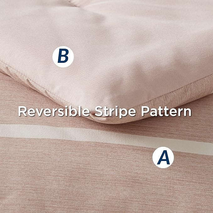 Bedsure Bed in a Bag Queen 7 Pieces, Dusty Pink White Striped Bedding Comforter Sets All Season Bed Set, 2 Pillow Shams, Flat Sheet, Fitted Sheet and 2 Pillowcases - LeafyLoom