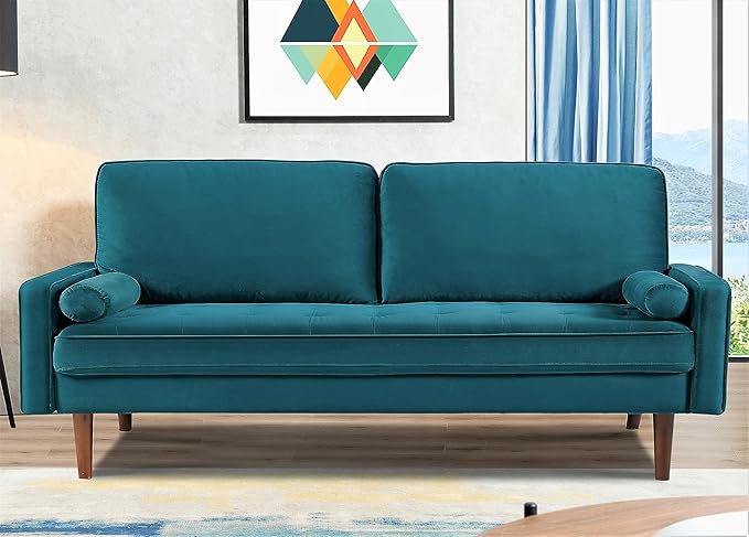 US Pride Furniture Velvet 70" Sofa Couch, Iconic Mid-Century Style Living Room Furniture with Contemporary Silhouette, Button Tufting and Wood Legs, Includes 2 Bolster Pillows, Greenish Blue - LeafyLoom
